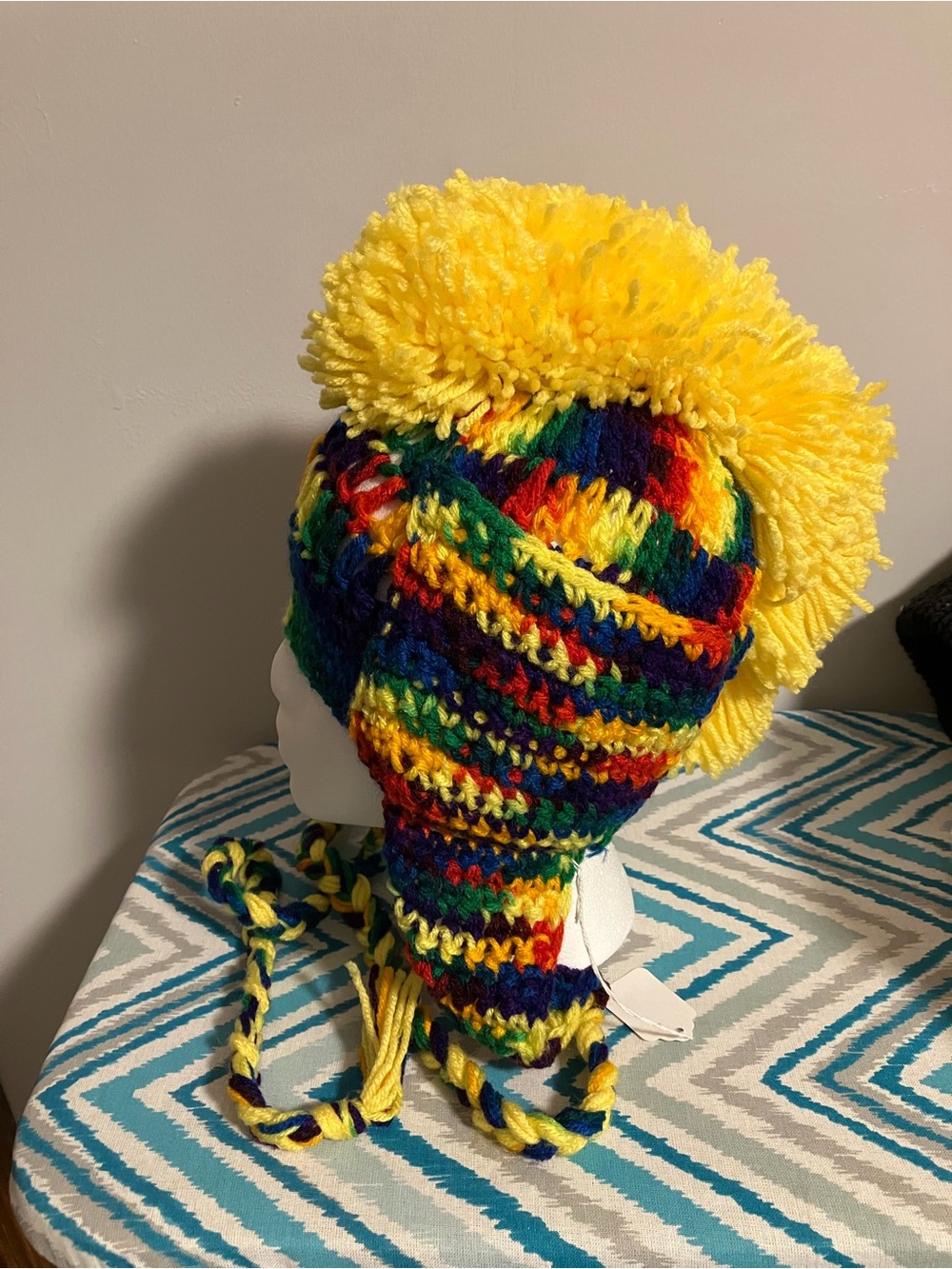 Bright Rainbow Knit Pom Earflap Hat - Yellow Accent
